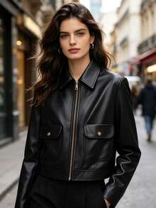 Women's Fashion Square Shoulder Pocket Zipper Jacket, Versatile Black - Black - View 3