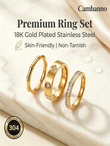 Camhanno 3pcs Stainless Steel Plated With 18K Gold, Waterproof And Sweat-Resistant, Non-Fading, Bamboo Knot + Rhinestone + Four-Leaf Clover 3-Piece Set, Can Be Worn Individually Or Stacked, Exquisite Jewelry Suitable For Daily Commute And Dates. - Gold - View 4
