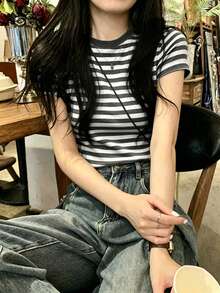 Kaos Lengan Pendek Bergaris Warna Kontras untuk Wanita, Atasan Kasual Model Slimming Chic Musim Panas Terbaru - Dark Grey - View 2