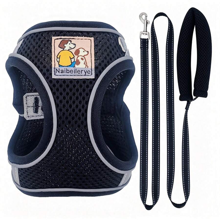 Breathable Mesh Dog Harness & Leash Set, Reflective Edge Step-In Puppy Vest W/ Soft Handle Leash, Adjustable Escape-Proof Harness Suitable For Small & Medium Dogs And Cats, Lightweight Night Gear For Daily Use - Black - View 1