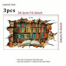 1/3Pcs Back To School 2D Bookshelf Wall Sticker, Open Book Library Cracked Wall Decal, Removable Self-Adhesive Vinyl Decor, School Home Office Aesthetic Indoor DIY Wall Art Holiday Gift - Book Wall Stickers - View 9