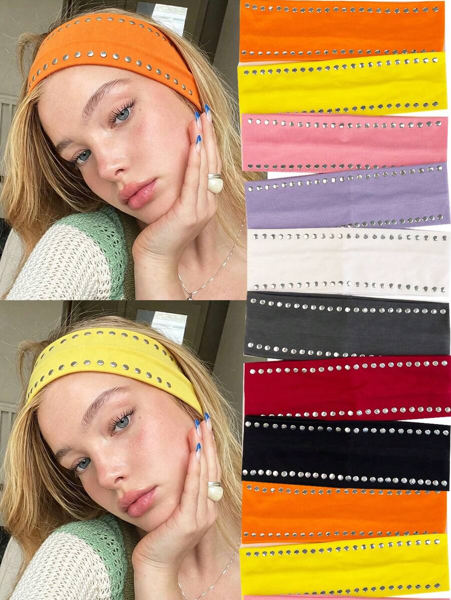 Sweet Cool Punk Style Solid Color Rhinestone Embellished High Elasticity Hair Band, Wide Anti-Slip Non-Tightening Sweet Cool Hot Girl Street Style Versatile Fashion Hair Band Geometric Pattern Bohemian Polyester (Polyester) Hair Band All Seasons Summer Hair Accessories - Multicolor - View 1