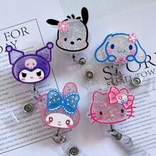 1pc Cute Floating Glitter Cat & Rabbit Cartoon Character Retractable Badge Reel - Doctor / Nurse / Teacher / Office Badge - A - View 3