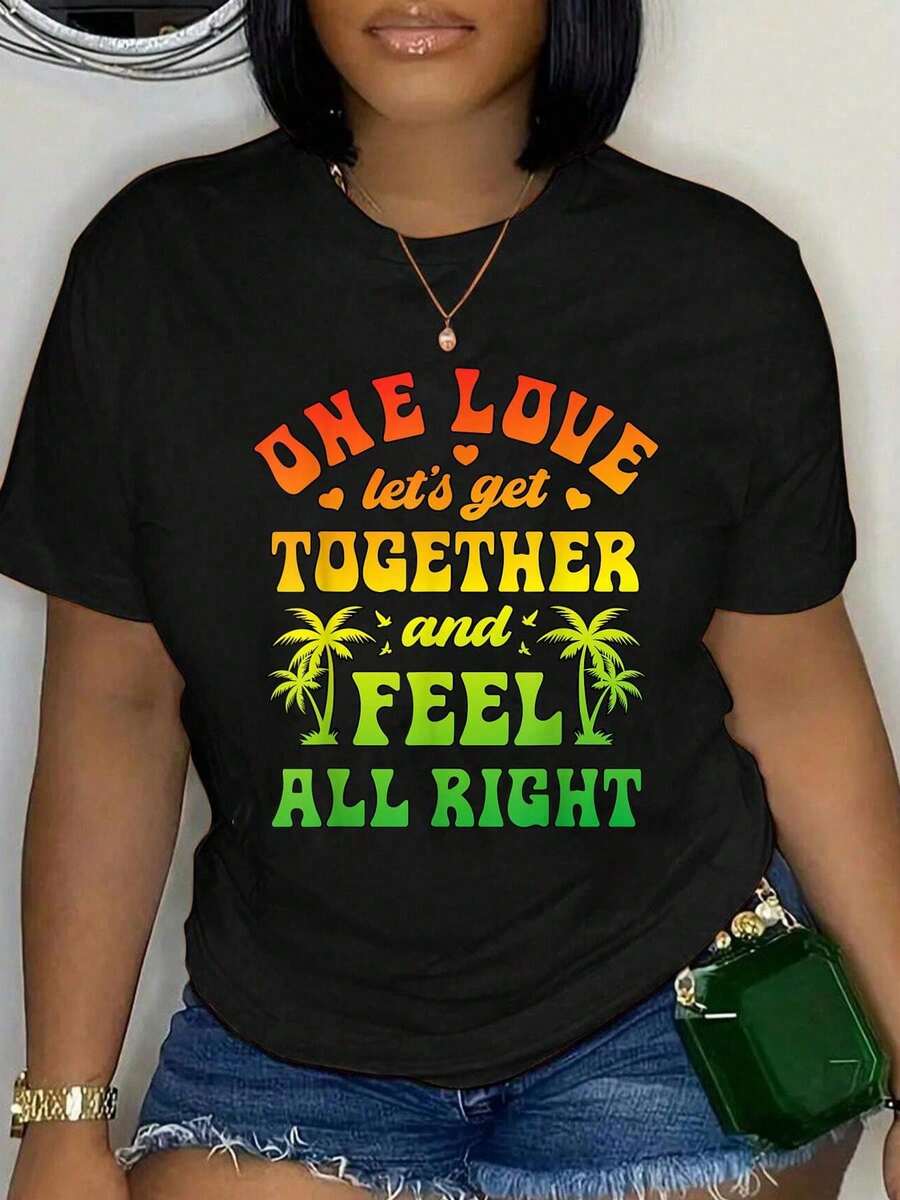 Women's Summer Short Sleeve T-Shirt, Plus Size, Y2K Style, 100% Cotton, Reggae, Good Vibes Only Jamaica One Love Rast A, For Women And Men, Loose Fit, Comfortable And Soft - 黑色 3 - 查看 1