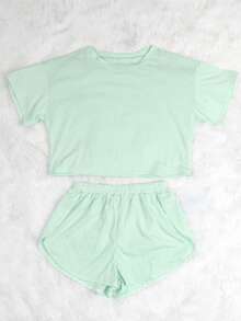 2pcs/Set Minimalist Contrast Stripe Casual Loose Knit Long Sleeve Top With Side Slit & Shorts Loungewear Set, Suitable For Home Use - Mint Green - View 5