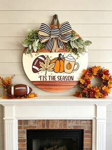 3D Rustic Wooden Autumn Football Season & Halloween Door Hanging Round Wreath Sign, Autumn Decor, Perfect For Porch Decoration, Home Indoor Seasonal Decor, Holiday Decor Wreath, Perfect Autumn Home Decor - Multicolor - View 3