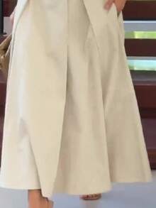 Sleeveless, Solid-Color Maxi Dress With V-Neck And Pleated Lapel, Elegant, New European And American Autumn 2026 Collection - 杏色 - 查看 3