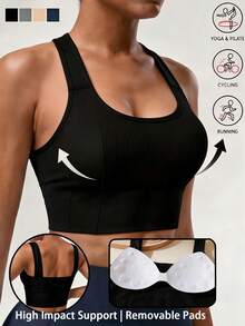 Women's High-Intensity Seamless Racerback Sports Bra, Removable Padding & Wide Band Support, U-Neck Slim Fit, Suitable For Fitness And Daily Wear - Black - View 1