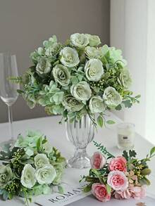 1/3/100件人造玫瑰花，仿真絲綢繡球花束裝飾塑料逼真花卉飾品，婚禮桌面中心裝飾，適用於秋季、辦公桌、花園、房間裝飾、情人節禮物 - 綠色 - 查看 2