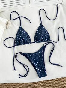 Women's Leopard Print Halter Neck Tie Sexy Bikini Set, 2025 Summer Beach Vacation Style - Navy Blue and White Dots - View 4