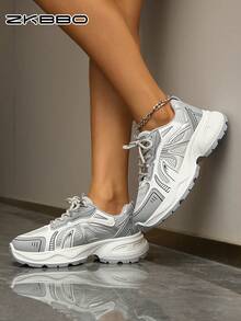 ZKBBO Zapatillas deportivas casuales para mujer con malla transpirable, cómodas, suela gruesa y chunky, para todas las estaciones - Plateado - Ver 4