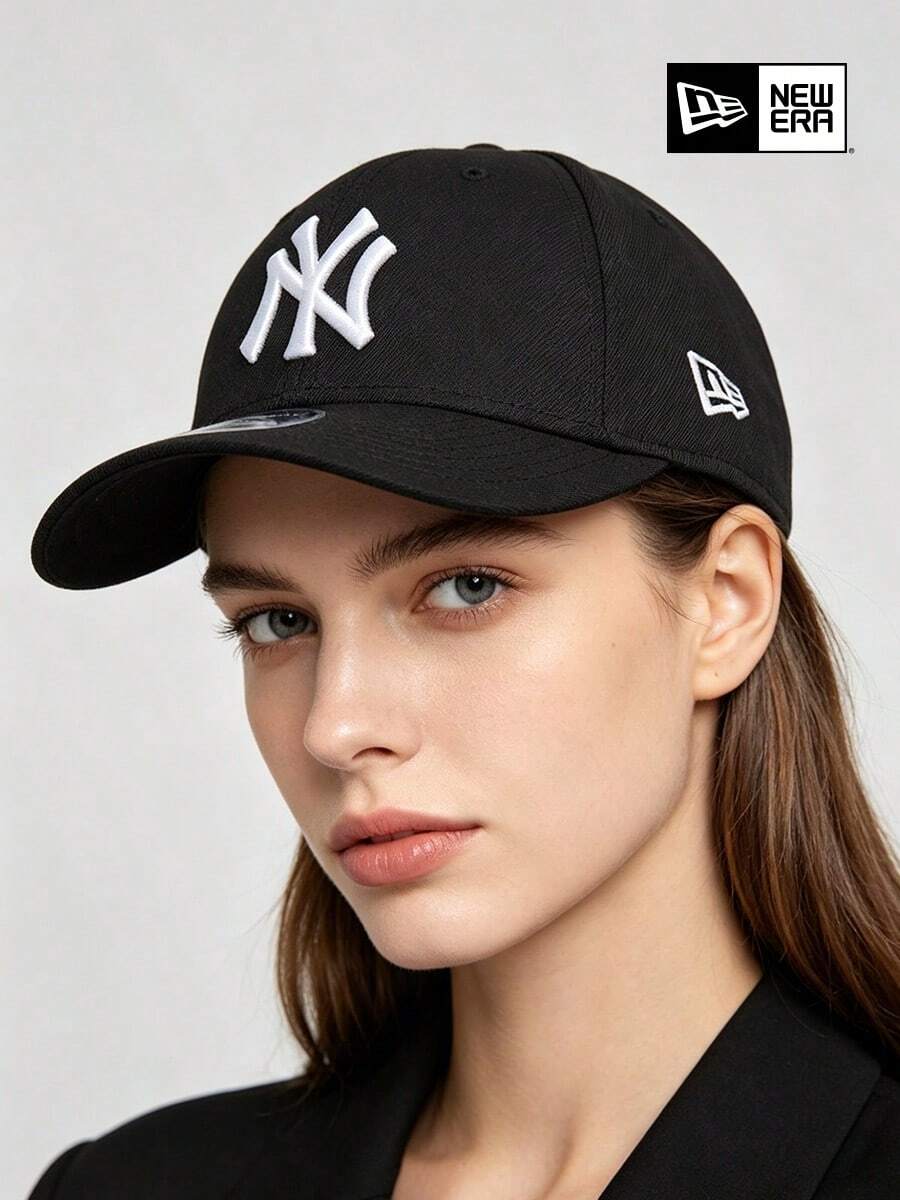 New Era Solid Black/White NY Logo Curved Brim Baseball Cap, Minimalist Daily Sun Hat, Suitable For Work And Night Out - Black - View 1