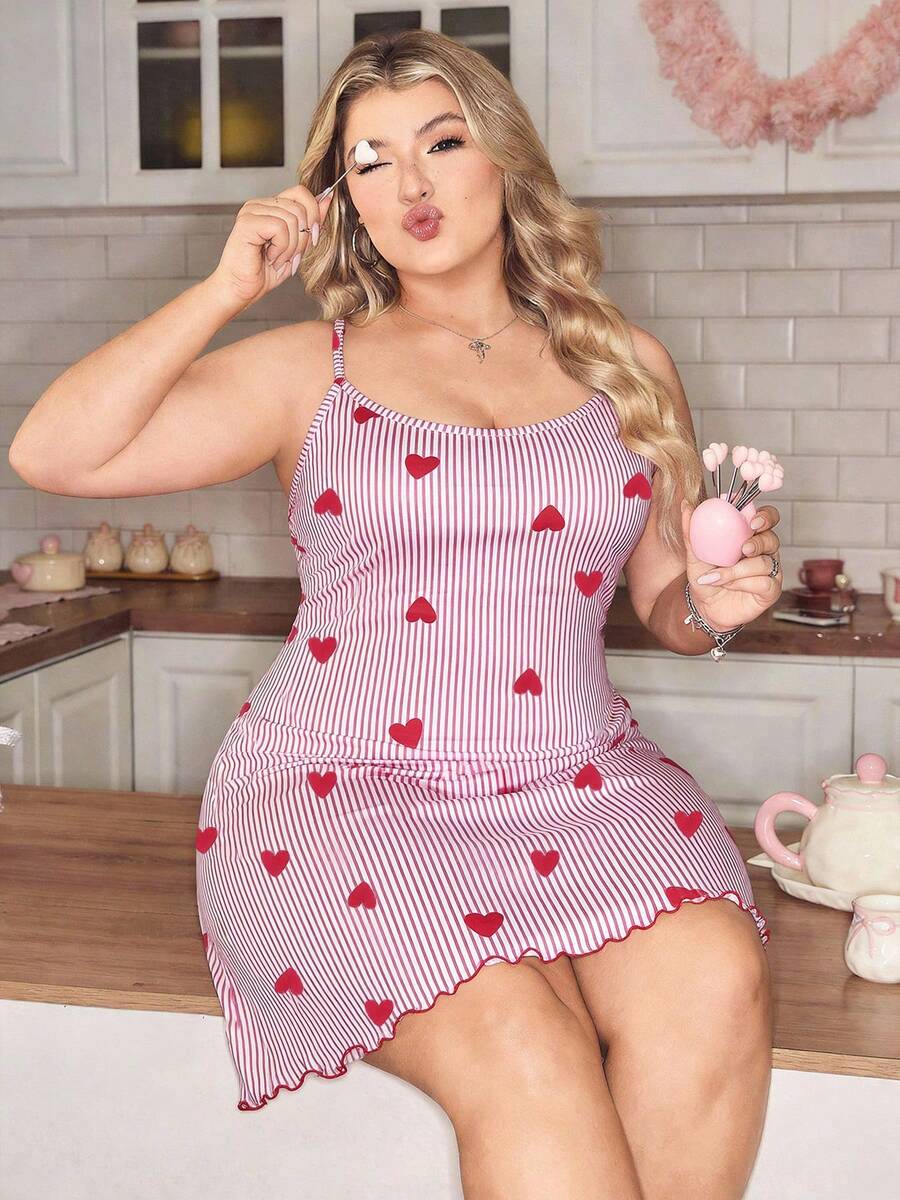 Women's Striped Heart Print Cami Nightgown, Elegant Plus Size Casual Comfortable Loungewear Dress, Suitable For Spring And Summer - Pink - View 1