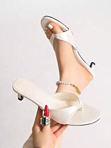 French Square Toe Open Toe Thong High Heel Stilettos Sandals Summer New Kitten Heel Stiletto Flip Flop Slides - White - View 7