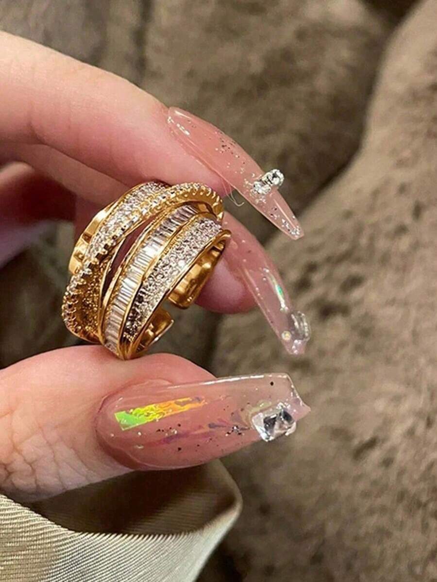 1 pieza Anillo abierto versátil de moda con incrustaciones de, modelo para mujer, minimalista y ligero, que muestra una sensación de lujo, adecuado para la decoración diaria de la - Plateado - Ver 1