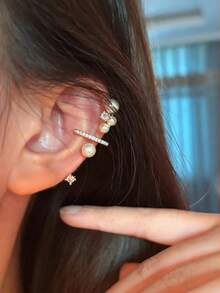 1 Pair Elegant Luxury French Style Glass Faux Pearl Ear Cuff, Suitable For Women's Daily Casual Wear - Silver - View 5
