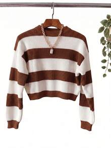 Women's Striped Cropped Knit Blouse With Balloon Sleeves And Round Neck, Autumn/Winter , Premium Knit Fabric, Sweater Style. - Rỉ Nâu - Xem 3