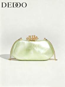 Metallic Hard Shell Evening Clutch Bag With Coral Style Clasp, Detachable Chain Crossbody Purse For Women, Glamorous Handbag For Wedding Prom & Party - Green - View 7