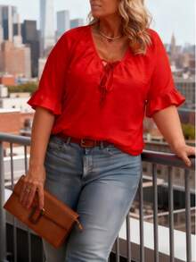 Blusa elegante de unicolor con puños de volantes retorcidos de moda para mujer talla grande, color rojo - Rojo - Ver 5