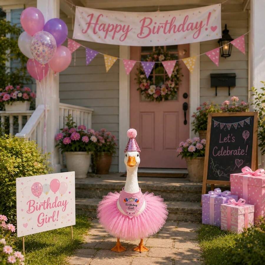 Porch Goose Birthday Outfit, Crown Hat With Scarf And Tulle Skirt Goose Statue Clothes Garden Decoration - 粉色 - 查看 1
