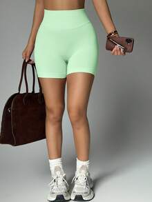 High Waist Slimming Shorts, Hidden Lift Skinny Pants, Curved Cycling Shorts, Spring/Summer - Green - View 5