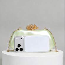 Metallic Hard Shell Evening Clutch Bag With Coral Style Clasp, Detachable Chain Crossbody Purse For Women, Glamorous Handbag For Wedding Prom & Party - Green - View 5
