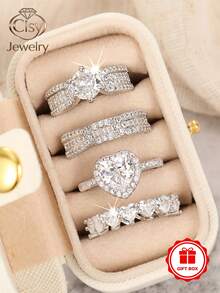 4pcs/Set Fashion Square Zirconia Rings With Gift Box, Suitable For Women's Wedding, Engagement, Anniversary, Party Wear, Valentine's Day Gift - 1# - View 10