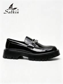 Salkin 男士復古設計師樂福鞋套腳式鏈條裝飾，黑色漆皮亮面圓頭男士皮鞋，優雅紳士商務休閒社交鞋，男士日常辦公派對婚禮風格新郎鞋，適合情侶約會浪漫晚餐節日禮物返校學生鞋，學院風四季適用，請選擇大一號 - 黑色 - 查看 3