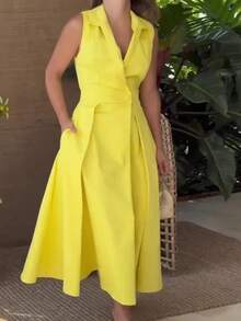 Sleeveless, Solid-Color Maxi Dress With V-Neck And Pleated Lapel, Elegant, New European And American Autumn 2026 Collection - 黃色 - 查看 7