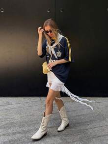 Women's Loose Striped Colorblock Letter Print Short Sleeve T-Shirt, Versatile Baseball Style Tee For Summer And Autumn, Commuter Outfit - Navy Blue - View 7