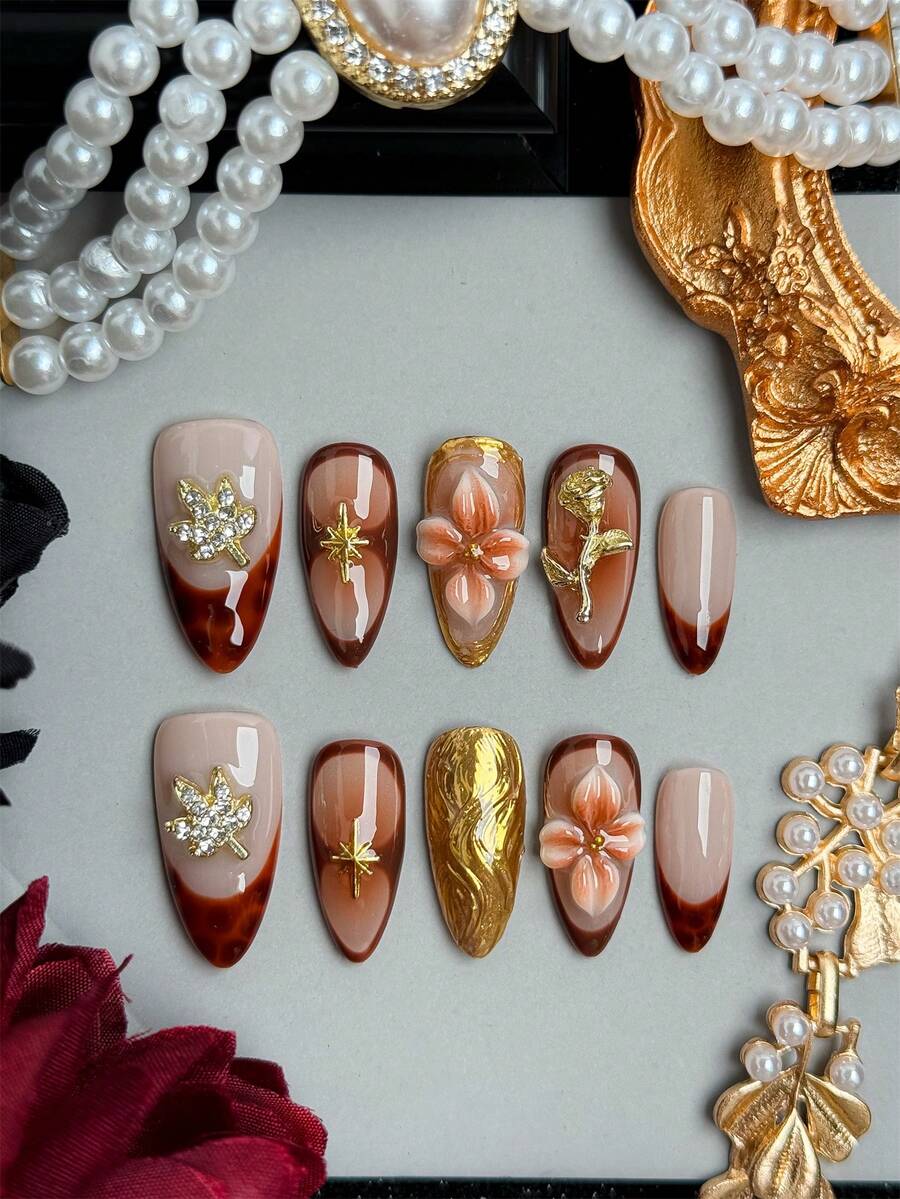 10 piezas de pegatinas de uñas prensadas de estilo francés con estampado de leopardo hechas a mano, arte de uñas dorado, uñas acrílicas prensadas de color marrón, adecuadas para el uso diario de las mujeres - Marrón - Ver 1