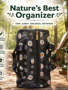 1pc Square Expanded Large Capacity Breathable Mesh Storage Bag, Lightweight Dirt-Resistant Mesh Fabric Tote, Minimalist Retro Niche Style, Pure Black Mesh With White Daisy Print, Full-Length Zipper Closure, Wide Webbing Handle, 3D Body Shape, Fitness Swimming Makeup Organizer - Multicolor - View 7