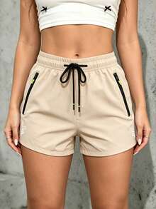 Celana Pendek Olahraga Kasual Wanita dengan Pinggang Elastis dan Desain Tali Serut, Cocok untuk Lari, Olahraga, dan Belanja di Musim Panas - Khaki - View 5