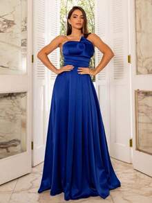 Elegant Women's Maxi Dress, Strapless, With Pleats And An A-Line Cut, Open Back And Draped Waist, Ideal For Prom And Parties. - 寶藍色 - 查看 1