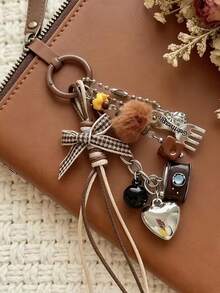 1pc Maillard Style Vintage Camera Plush Ball Keychain Pendant With Bow, Ins Style Phone Charm, Suitable As A Gift For Friends, Family And Classmates - Multicolor - View 3