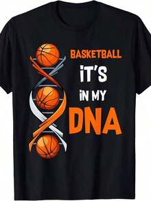 Men's Short-Sleeved Cotton Crew Neck T-Shirt, Printed With "Basketball In My DNA", Casual And Comfortable For Everyday Wear, Black, One-Piece G 2CKO - 黑色 - 查看 1