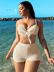 Swim  Conjunto de bikini de textura de unicolor para mujeres en verano en la playa - Albaricoque - Ver 1