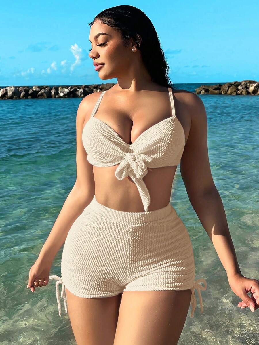 Swim Conjunto de bikini de textura de unicolor para mujeres en verano en la playa - Albaricoque - Ver 1