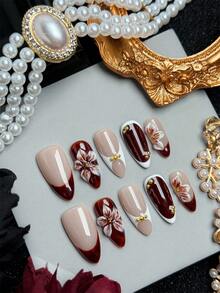 10pcs Handmade Acrylic Press-On Nails, Brown Almond Shape, French Style Design With Floral Elements, Suitable For Women's Daily Wear - 棕色 - 查看 3