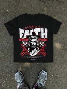 Faith Overcomes Fear | American Retro Jesus Thorn Cross Short-Sleeve T-Shirt - Black - View 1