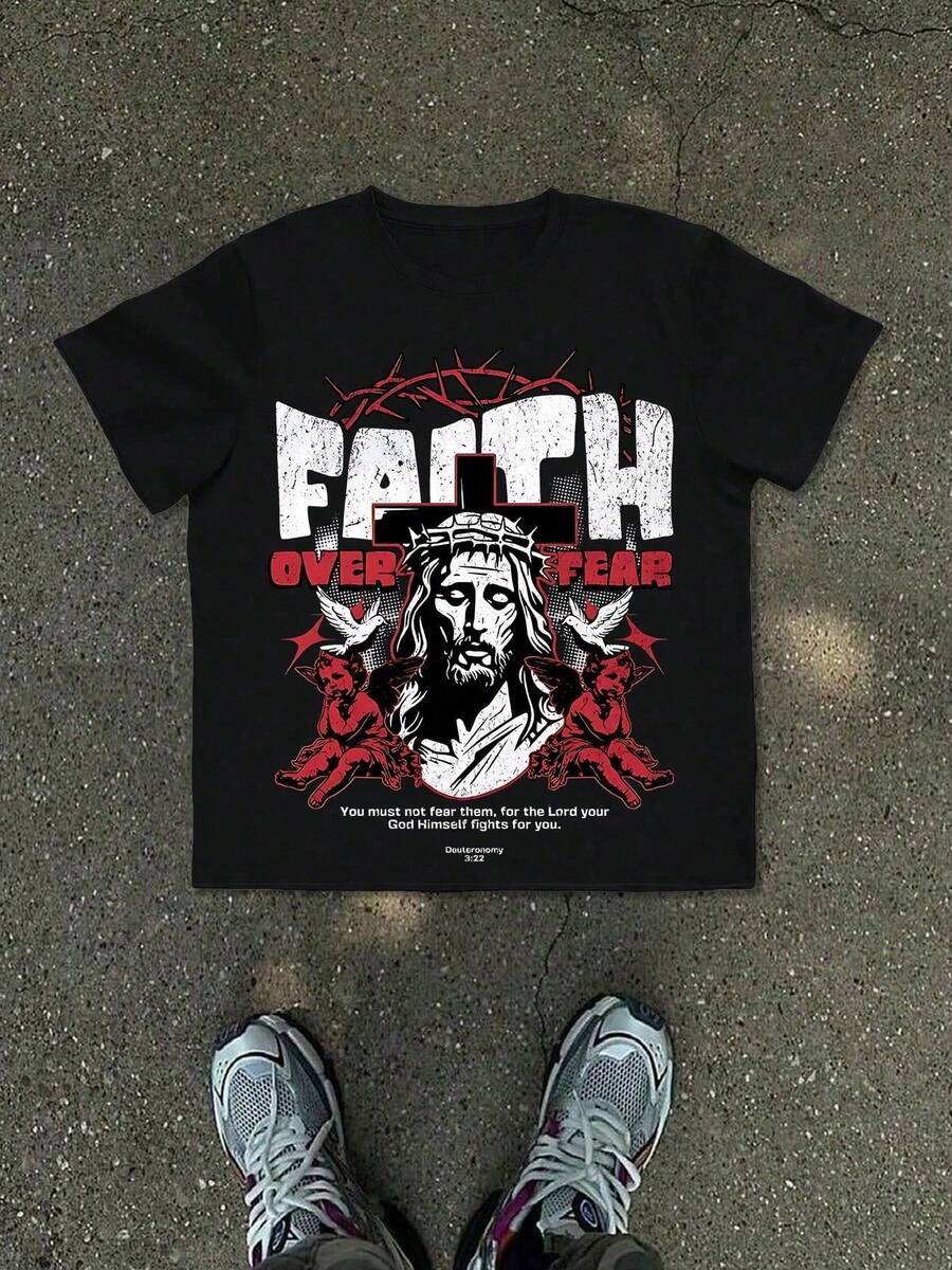 Faith Overcomes Fear | American Retro Jesus Thorn Cross Short-Sleeve T-Shirt - Black - View 1