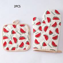 Watermelon Pattern Daily Household Oven Mitts And Pot Holders, Double-Sided Quilted Diamond Grid, Washable, Kitchen Cooking Baking Microwave Heat-Insulating Mitts And Pads, 2-Piece Set, 4-Piece Set - View 11