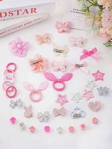 855PCS Pink Sweet Princess Style Girly Hair Accessory Set, Suitable For Girls. Includes Artificial Lily/Double Layer Glitter Butterfly/Pearl Mesh Flower Hair Clips, Rhinestone Heart Crown Bow Rabbit Bangs Clips Side Clips, Mini Claw Clips, Rabbit Ear Hair Ties, Multiple High Elasticity Non-Damaging Basic Hair Ties. Suitable For Daily/Party/Performance Use - Multicolor - View 8
