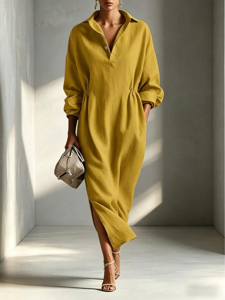 Solid Color Collared Half-Button Cinched Waist Shirt Dress, Loose Drop Shoulder Long Sleeve Side Pocket Slit Lazy Commute Long Knee-Length Elegant - Mustard Yellow - View 1