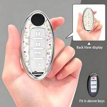 1pc Ditsy Floral Pattern UV Printed Full Wrap Car Key Fob Case For Nissan 4 Button Oval Smart Remote Key Shockproof Anti Scratch Protective Cover - Electroplated Key Cover (silver) - View 6