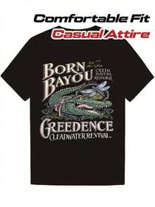 Men's Vintage Creed Clearwater Easter T-Shirt - Bayou Grave Crocodile And Dragonfly Print Tee - Vintage Black And Beige Band Design, Soft Crew Neck. Shipping Available. - 黑色 - 查看 1