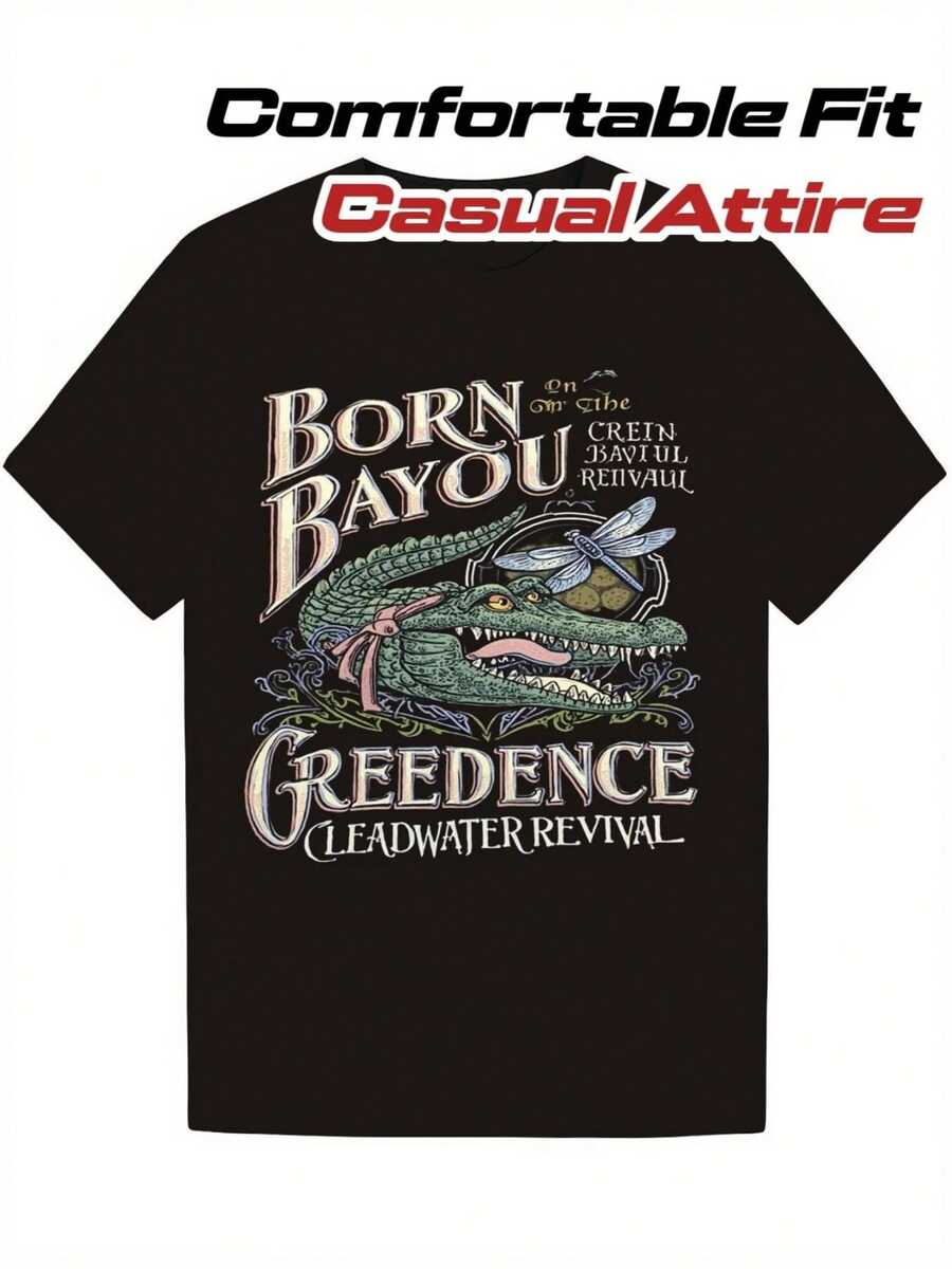 Men's Vintage Creed Clearwater Easter T-Shirt - Bayou Grave Crocodile And Dragonfly Print Tee - Vintage Black And Beige Band Design, Soft Crew Neck. Shipping Available. - 黑色 - 查看 1