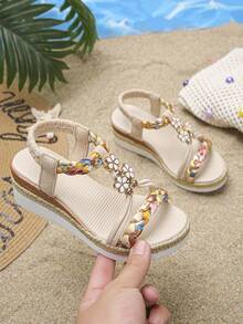 1 Pair Girls' Summer Wedge Sandals, Suitable For Daily Outings And School, Buckle Closure, Lightweight, Anti-Slip, Casual, Comfortable, Fashionable , Versatile Open Toe Thick Sole Sandals - Beige - View 2