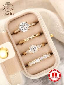 4pcs/Set Luxury Cubic Zirconia Ring With Gift Box, Suitable For Women Wedding Engagement Anniversary Party Wear, Valentine's Day Gift - 1# - View 12