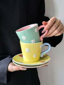 1 Set Dopamine Relief Hand-Painted Ceramic Coffee Cup & Saucer, Korean Cute Ins Style Niche Design Coffee Cup, Paired With Cartoon Bear & Flower Pattern Saucer, Girly Personalized Cup, Perfect For Coffee & Afternoon Tea, Gift - Multicolor - View 5